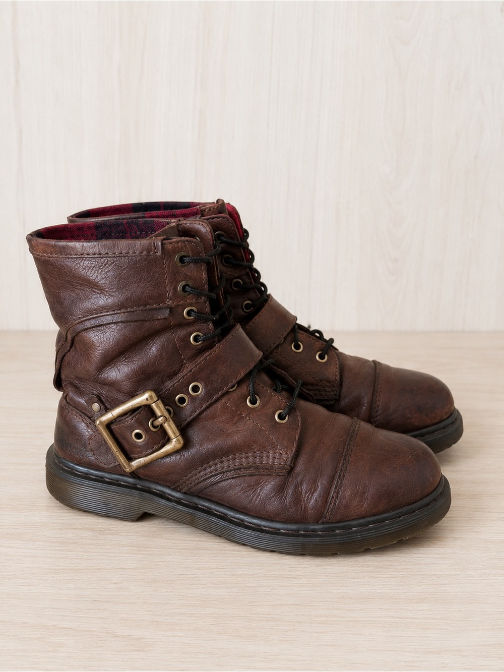 Dr. Martens Brown Leather Buckle Lace-Up Combat Boots Moto Biker Plaid M10/W11